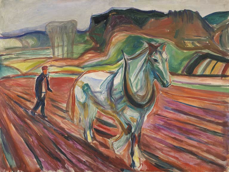 Mann führt ein weißes Pferd über rotbraunes Pflugfeld – Edvard Munch Der Mann beim Pflügen mit weißem Pferd Kunstkopie