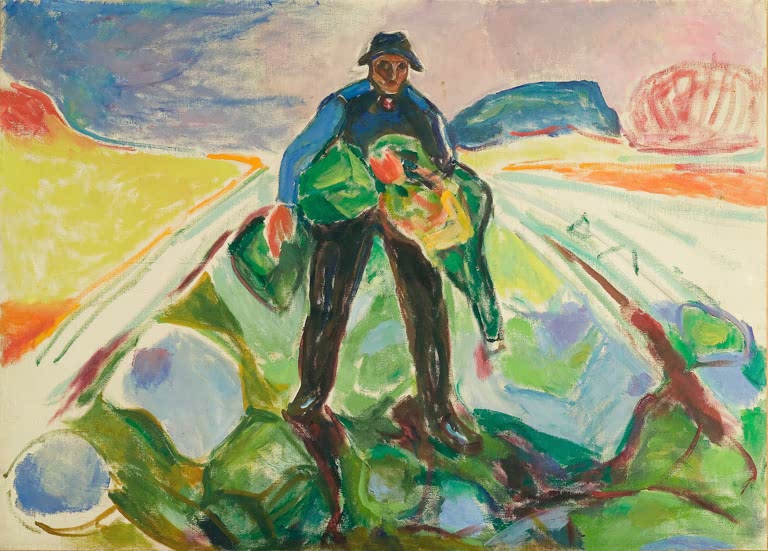 Mann in blauer Jacke trägt Kohlköpfe durch ein leuchtend buntes Feld – Edvard Munch Der Mann im Kohlfeld Kunstkopie