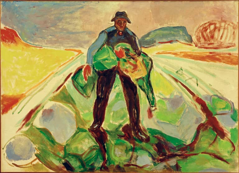 Mann mit Hut hält einen Kohlkopf auf einem Feld mit gelben Furchen – Edvard Munch Der Mann im Kohlfeld Kunstkopie