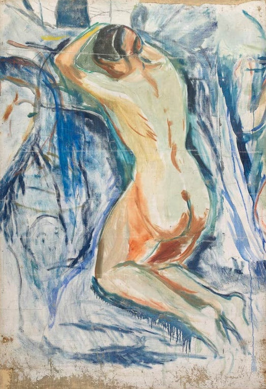 Edvard Munch Der Menschenberg Knieender Akt Kunstkopie, kniende nackte Figur vor blauen Linienschwüngen