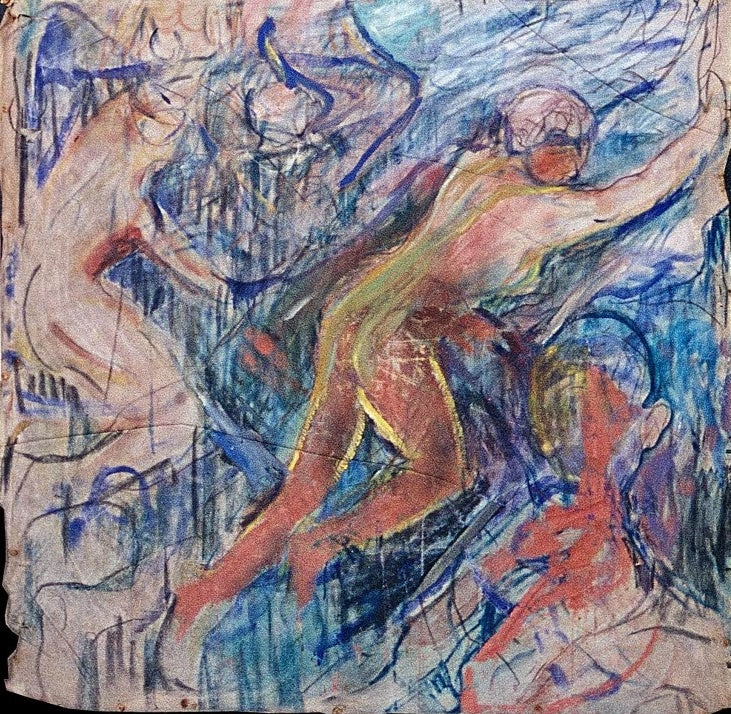 Kräftig bemalte Leinwand mit sich streckenden roten Figuren in blauen Schwüngen – Edvard Munch Der Menschenberg Kunstkopie