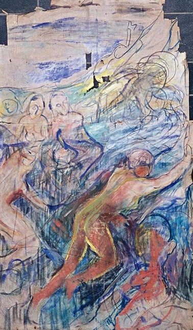Hochformatige Leinwand mit verschlungenen roten Figuren und blauen Linien – Edvard Munch Der Menschenberg Kunstkopie