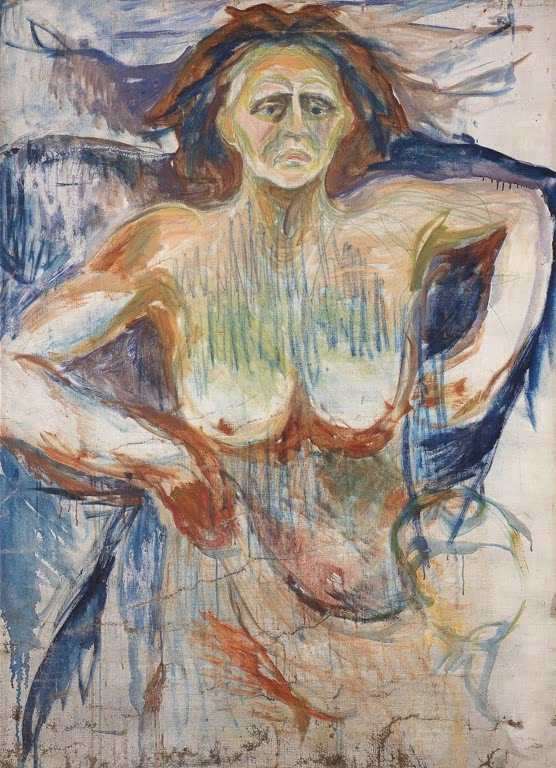 Frau mit wirrem Haar und aufgestütztem Arm, nackter Oberkörper – Edvard Munch Der Menschliche Berg Sphinx Kunstkopie