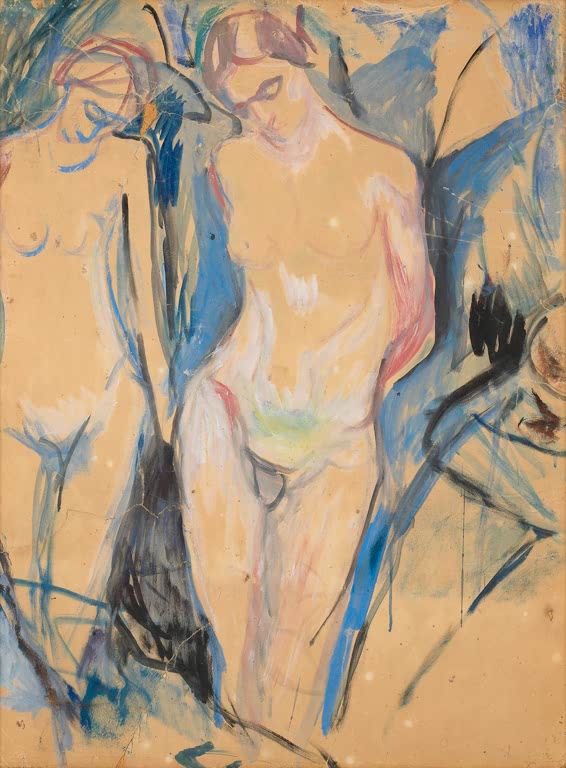 Zwei nackte Frauen in lockerer Malweise mit blauen Konturen – Edvard Munch Der menschliche Berg Kunstkopie