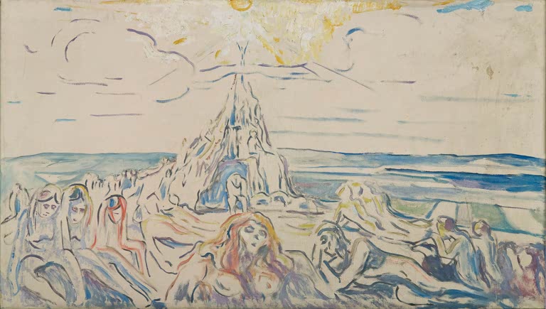 Hell skizzierte Gestalten am Strand vor einem turmartigen Berg unter der Sonne – Edvard Munch Der menschliche Berg Kunstkopie