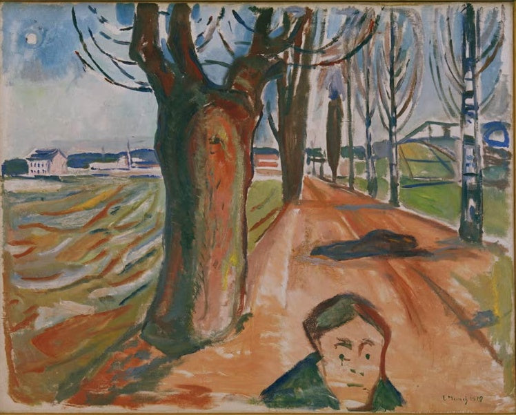 Baumallee mit großem Stamm, vorn ein Kopf, hinten eine Gestalt am Boden – Edvard Munch Der Mörder in der Allee Kunstkopie