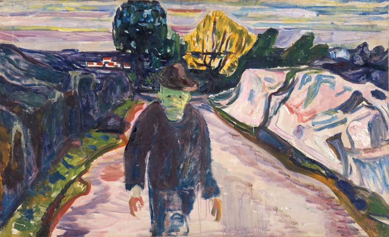 Mann mit grünem Gesicht geht auf einer rosa Straße zwischen Schneehängen – Edvard Munch Der Mörder Kunstkopie
