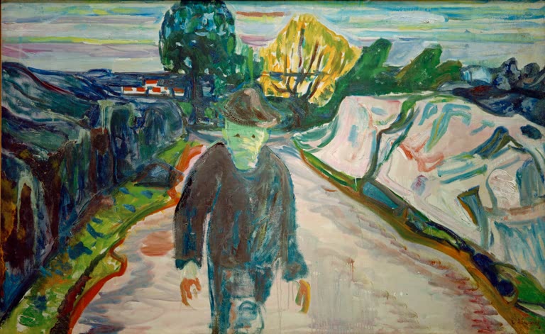 Mann mit grünlichem Gesicht geht auf einer hellen Straße zwischen Felsen – Edvard Munch Der Mörder Kunstkopie