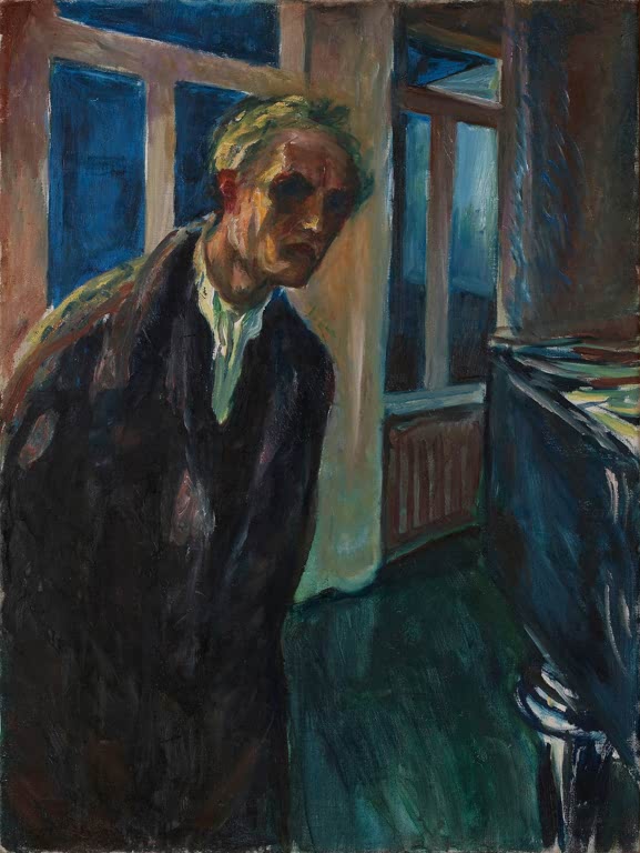 Mann im dunklen Mantel beugt sich nachts in einem Raum mit Fenstern vor – Edvard Munch Der Nachtwanderer Kunstkopie