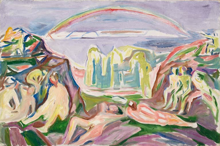 Regenbogen über hügeliger Küste mit ruhenden Nackten – Edvard Munch Der Regenbogen Kunstkopie