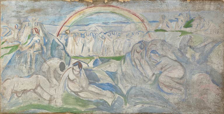 Menschen lagern unter einem Regenbogen in zarten, hellen Farben – Edvard Munch Der Regenbogen Kunstkopie