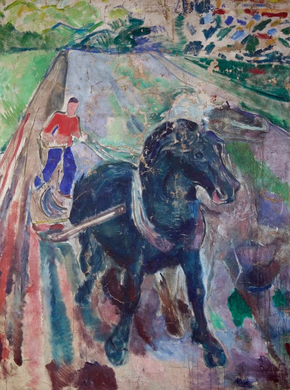 Mann in roter Jacke führt ein dunkles Pferd über eine Ackerfurche – Edvard Munch Der Sämann Kunstkopie