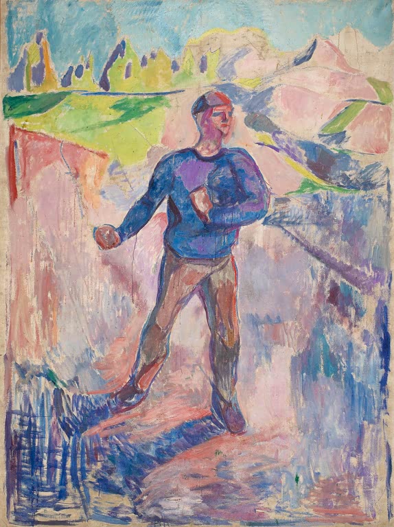 Mann in blauem Pullover wirft Saatgut aus, dahinter rosa Hügel – Edvard Munch Der Sämann Kunstkopie