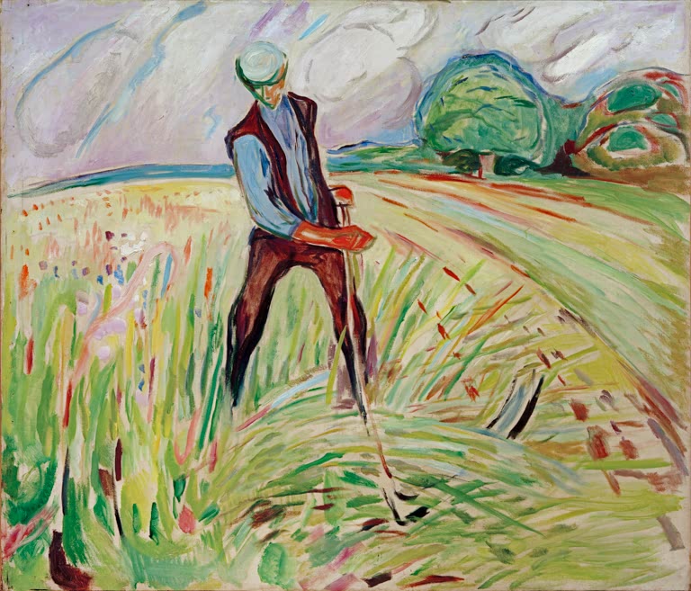 Schnitter mit Sense im hohen Gras eines sommerlichen Feldes – Edvard Munch Der Schnitter I Kunstkopie