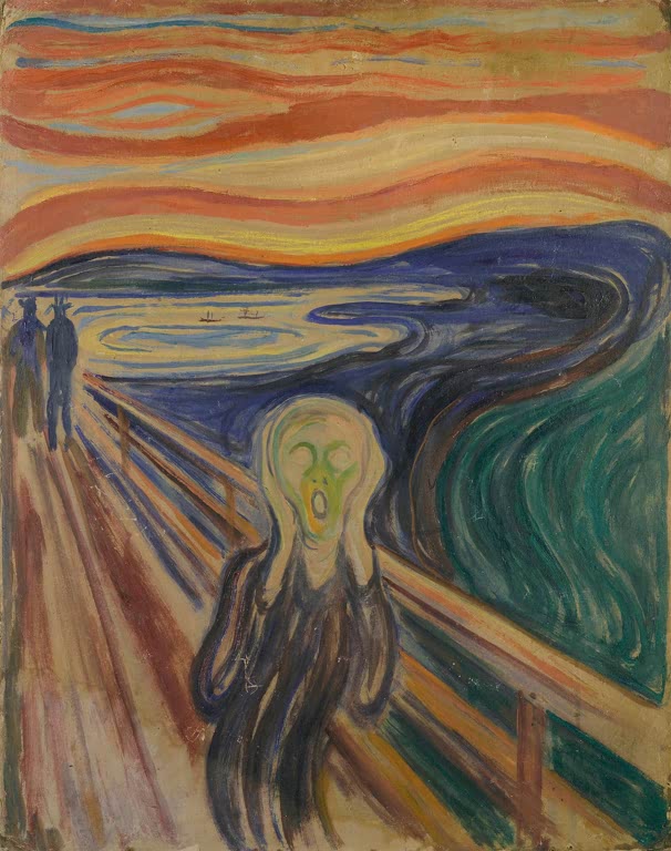 Schreiende Gestalt auf einer Brücke vor wirbelndem orangerotem Himmel und Fjord – Edvard Munch Der Schrei Kunstkopie