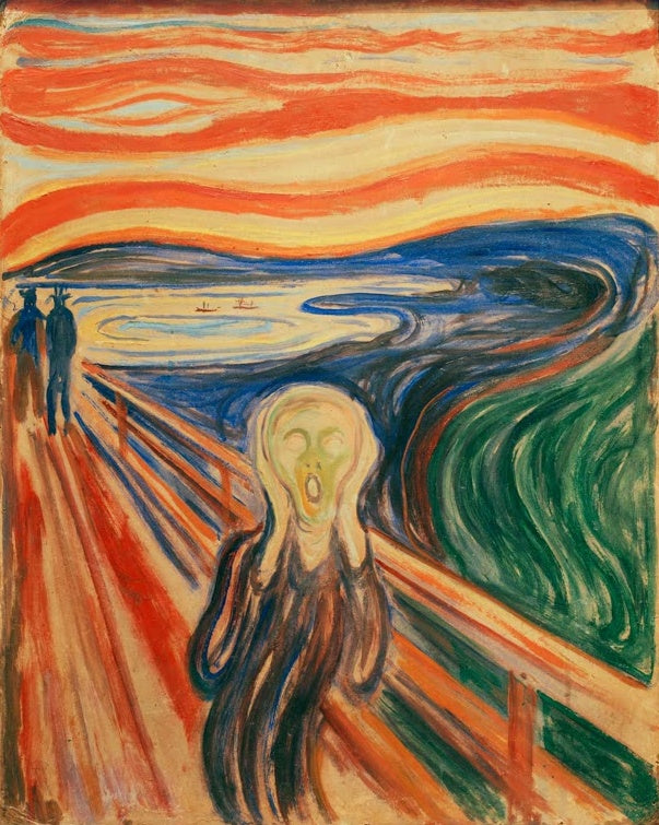 Schreiende Gestalt auf einer Brücke vor glutrotem Himmel und Fjord – Edvard Munch Der Schrei Kunstkopie