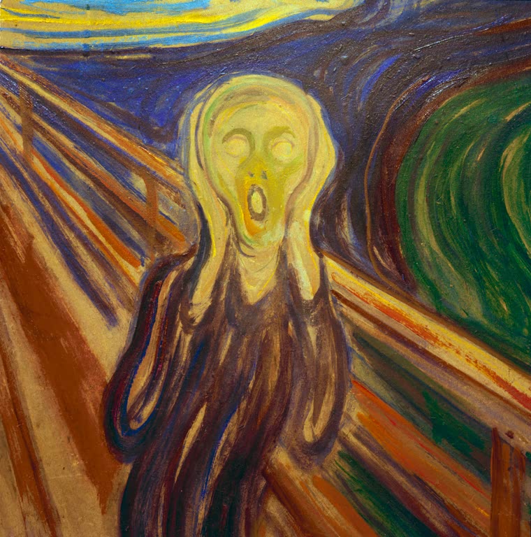 Verzerrte Figur mit offenem Mund und Händen am Kopf auf einer Brücke – Edvard Munch Der Schrei Kunstkopie