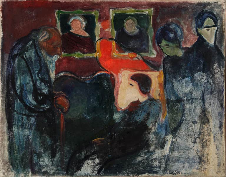 Trauernde Gestalten in dunklen Kleidern stehen um ein Bett vor roter Wand mit Bildern – Edvard Munch Der Sohn Kunstkopie