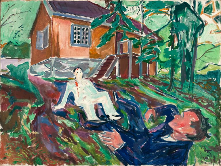 Zwei Männer ringen im Garten vor einem roten Holzhaus zwischen Kiefern – Edvard Munch Der Streit Kunstkopie