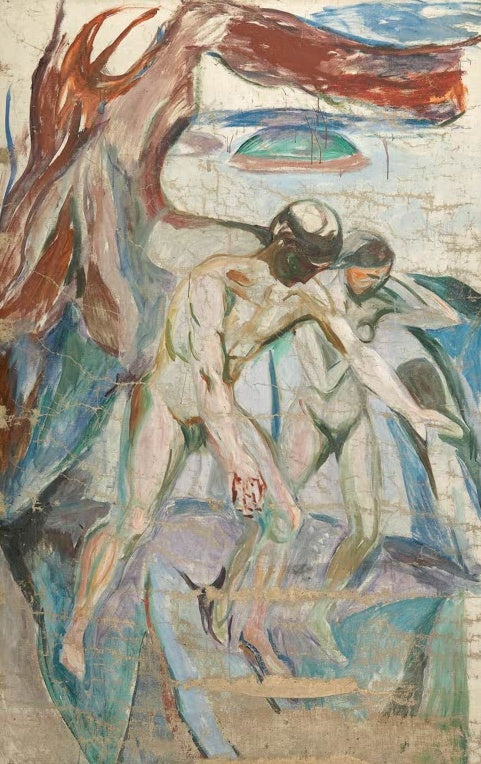 Edvard Munch Der Sturm Linker Mittelteil Kunstkopie, zwei gebeugte nackte Figuren im Wind neben rotem Baum