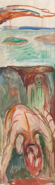 Gebeugte Gestalt in Rot und Grün unter einem Streifen Meer mit Himmel – Edvard Munch Der Sturm: Rechter Mittelteil Kunstkopie