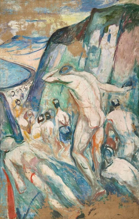 Edvard Munch Der Sturm Rechter Teil Kunstkopie, badende Akte auf Felsen an der Küste in Grün und Blau