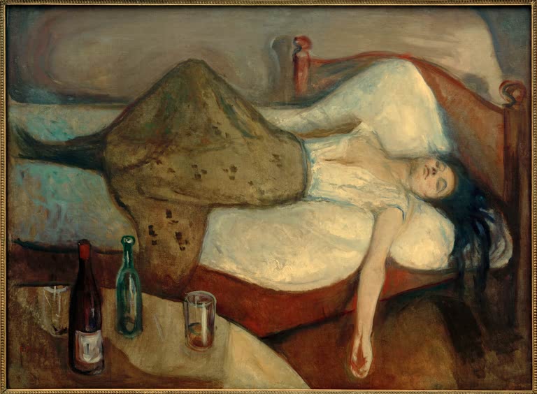 Frau liegt erschöpft auf einem Bett, davor Flaschen und Glas auf einem Tisch – Edvard Munch Der Tag danach Kunstkopie