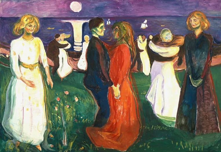 Edvard Munch Der Tanz des Lebens Kunstkopie, tanzende Paare am Strand vor violettem Nachthimmel und Mondsäule