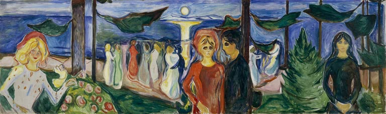 Breites Bild mit Tänzern am Meeresufer unter Bäumen – Edvard Munch Der Tanz des Lebens Kunstkopie