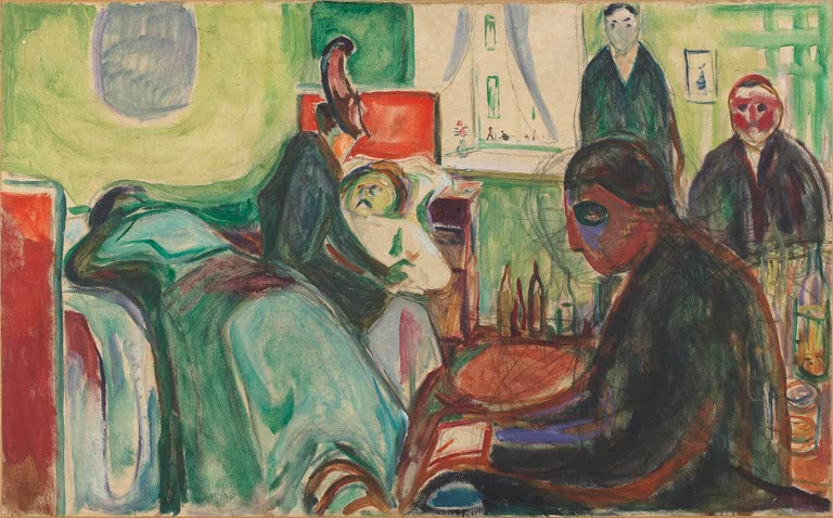 Sterbebett im grünen Zimmer, rechts ein dunkel gekleideter Mann – Edvard Munch Der Tod des Bohemiens Kunstkopie