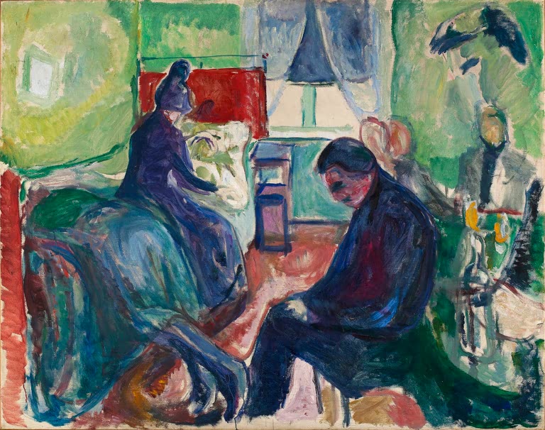 Mann sitzt vornübergebeugt am Bett, daneben eine Frau, im grünen Zimmer – Edvard Munch Der Tod des Bohemiens Kunstkopie