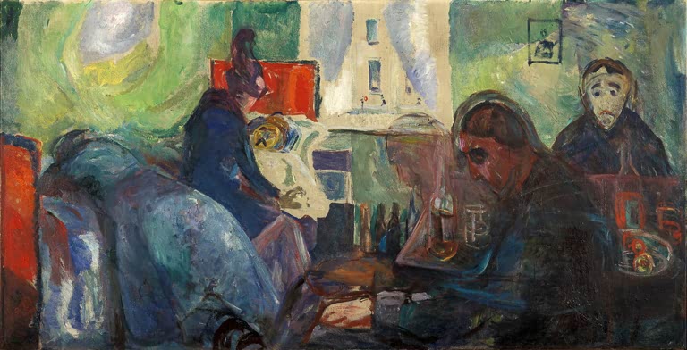 Gäste an einem Tisch mit Flaschen und Gläsern in einem grünlich-roten Raum – Edvard Munch Der Tod des Bohemiens Kunstkopie