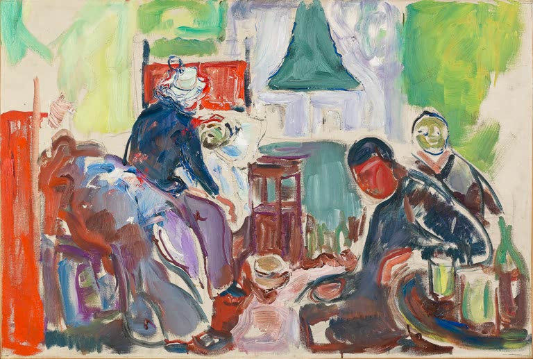Figuren um Bett und Tisch in hellem Raum mit roten Akzenten – Edvard Munch Der Tod des Bohemiens Kunstkopie