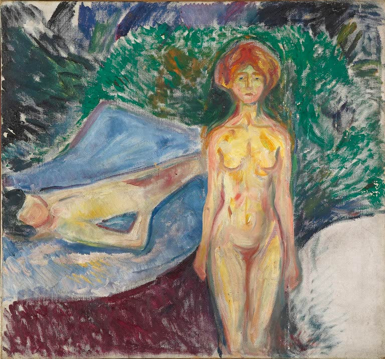 Nackte Frau steht vor grünem Busch, im Hintergrund liegt ein Mann auf blauem Bett – Edvard Munch Der Tod des Marat Kunstkopie