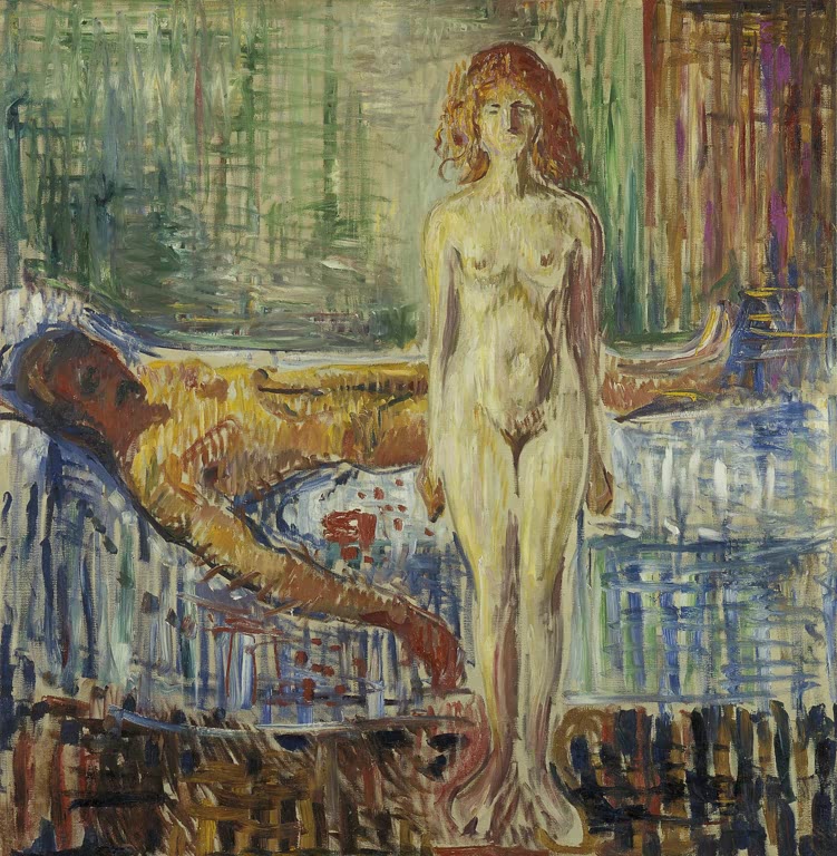 Nackte Frau steht neben einem Bett, auf dem ein Mann in gelben Tönen liegt – Edvard Munch Der Tod des Marat Kunstkopie