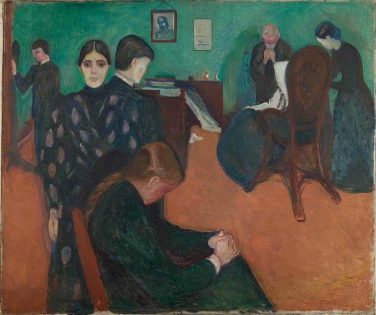 Trauernde Familie im grünen Krankenzimmer, vorn eine betende Frau – Edvard Munch Der Tod im Krankenzimmer Kunstkopie