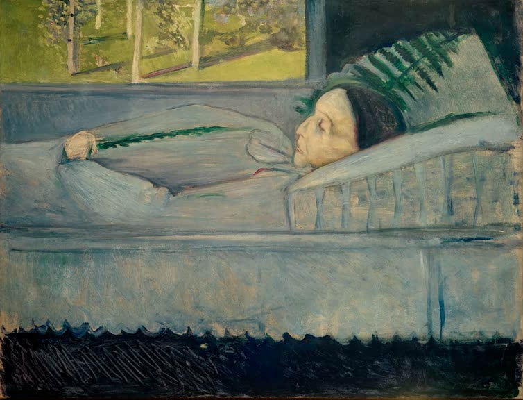 Tote Frau aufgebahrt im Bett, auf der Brust ein Farnzweig – Edvard Munch Der Tod und der Frühling Kunstkopie