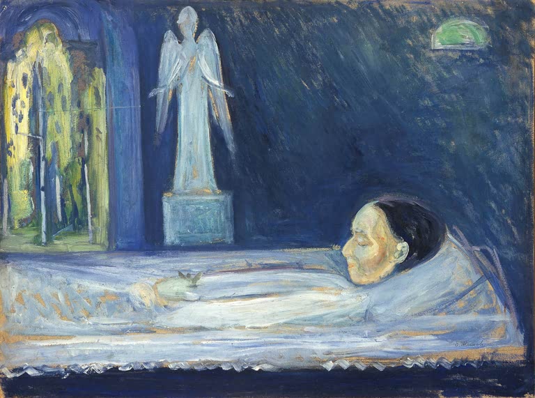 Tote Frau im weißen Bett, dahinter eine Engelsstatue im Mondlicht – Edvard Munch Der Todesengel Kunstkopie