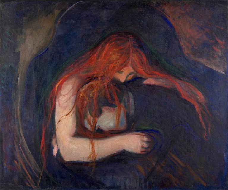 Frau mit langem rotem Haar beugt sich über einen Mann im dunklen Raum – Edvard Munch Der Vampir Kunstkopie