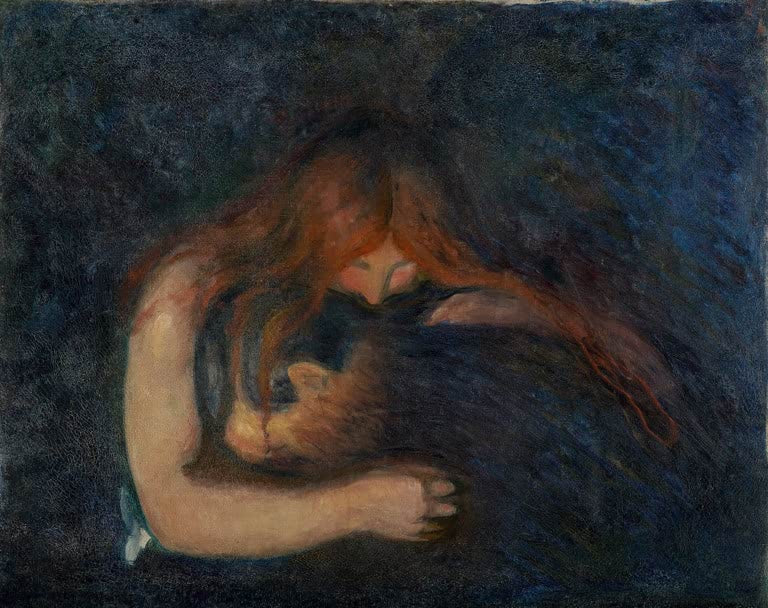 Frau mit rotem Haar beugt sich über den Hals eines Mannes vor dunklem Grund – Edvard Munch Der Vampir Kunstkopie