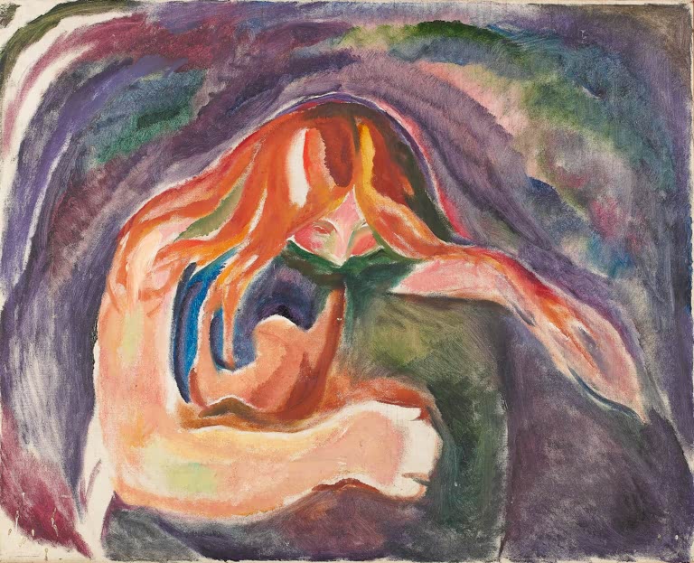 Rothaarige Frau beugt sich über eine Gestalt in einem Wirbel aus Violett und Orange – Edvard Munch Der Vampir Kunstkopie