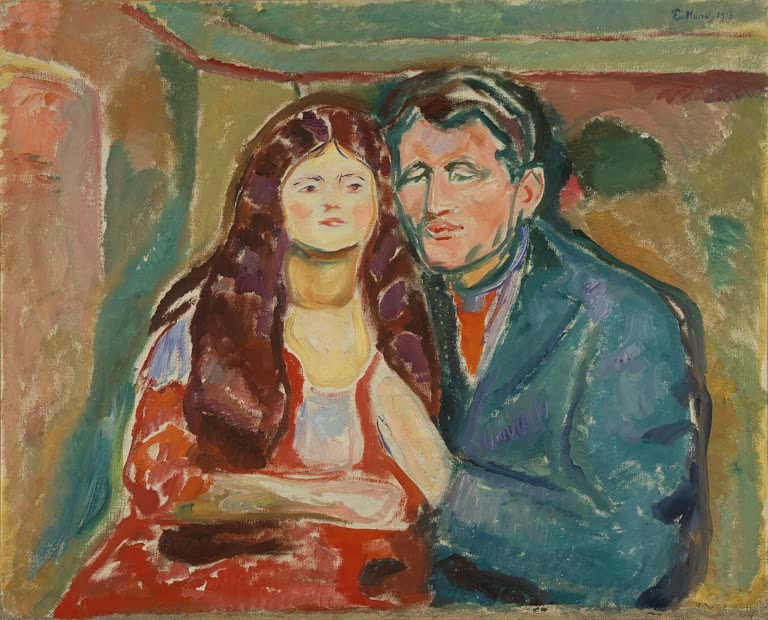 Rothaariges Mädchen und Mann im blaugrünen Jackett sitzen eng nebeneinander – Edvard Munch Der Verführer Kunstkopie
