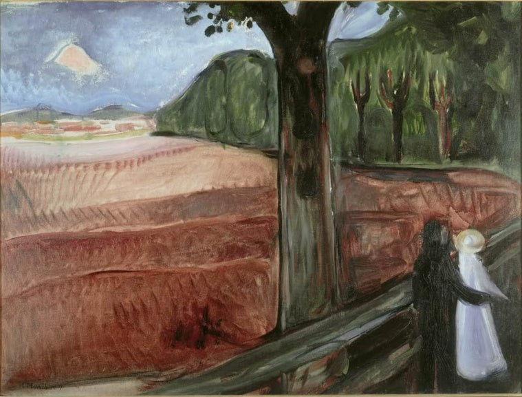 Dunkle Gestalt und Kind in Weiß am Zaun vor rotbraunem Feld mit großem Baum – Edvard Munch Der Weg Kunstkopie