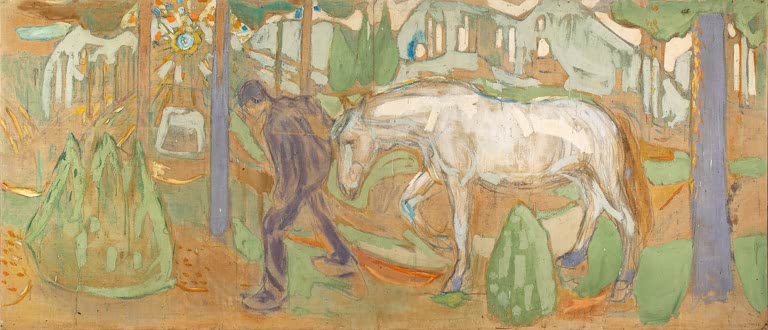 Mann führt ein weißes Pferd zwischen Bäumen und grünen Büschen in warmem Licht – Edvard Munch Der Wegführer Kunstkopie