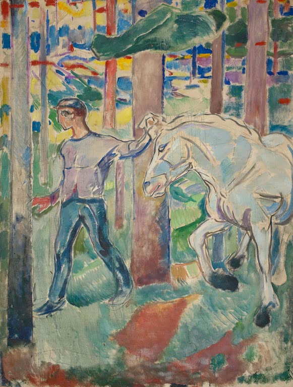 Mann führt ein weißes Pferd durch einen bunten Kiefernwald – Edvard Munch Der Wegweiser Kunstkopie