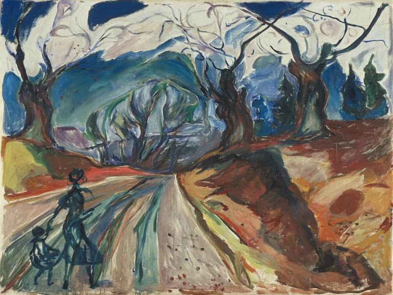 Weg mit Mutter und Kind unter knorrigen kahlen Bäumen in kräftigen Farben – Edvard Munch Der Zauberwald Kunstkopie