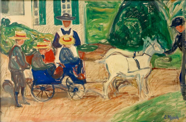 Kinder in einem Ziegenwagen im Garten vor einem Haus mit grünen Fensterläden – Edvard Munch Der Ziegenwagen Kunstkopie