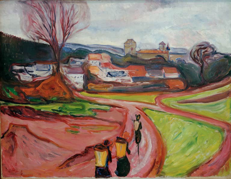 Dorf mit Schloss am Hang, davor ein roter Weg mit zwei Wanderern – Edvard Munch Deutsche Landschaft Kunstkopie