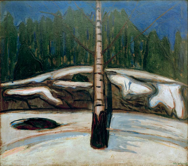 Birkenstamm im Schnee vor Nadelwald unter blauem Himmel – Edvard Munch Die Birke im Schnee Kunstkopie