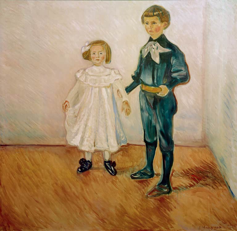 Mädchen im weißen Kleid und Junge in dunklem Anzug stehen in einem hellen Raum – Edvard Munch Die Esche-Kinder Kunstkopie